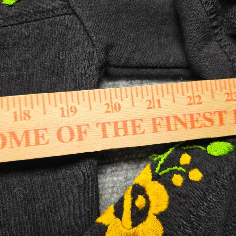 Hand Embroidered Mexican Floral Black Pullover Hoodie Size Medium Boho Cottageco